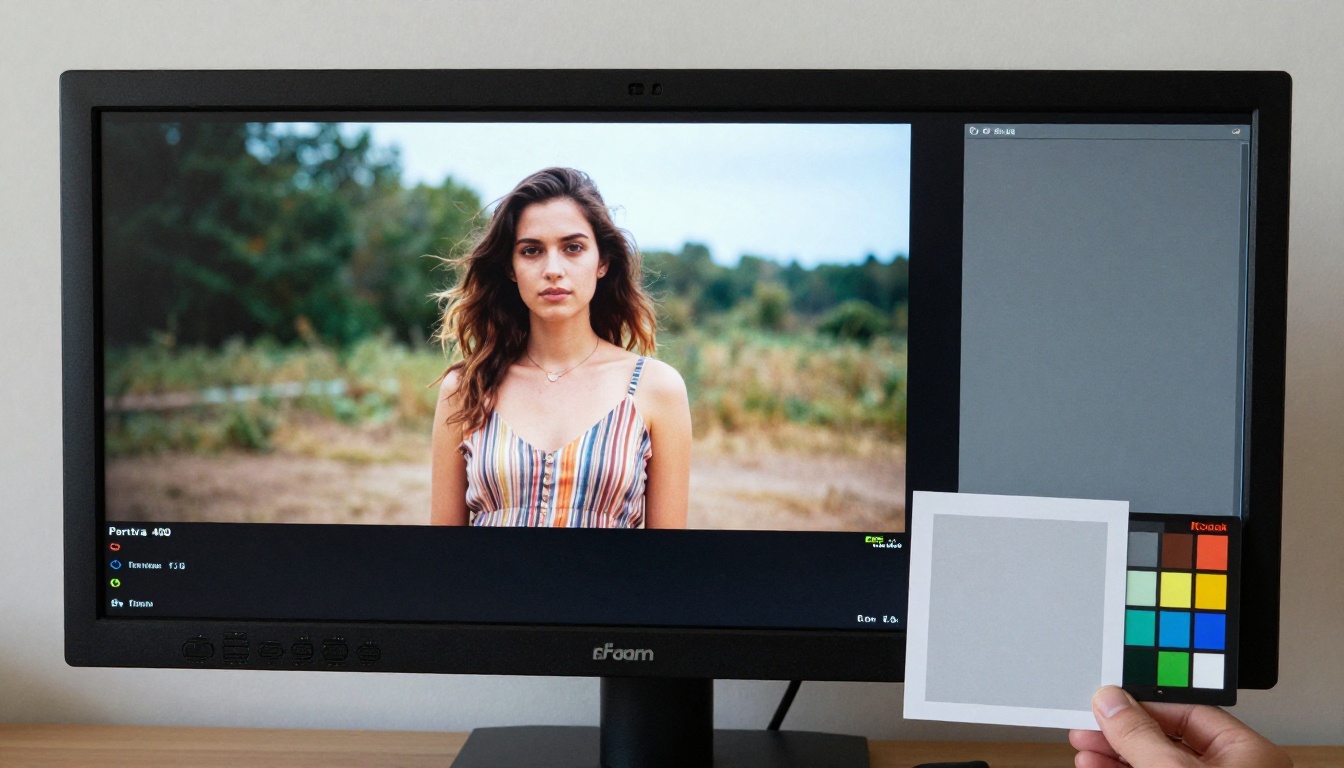 A calibrated monitor beside a printed photo for color comparison