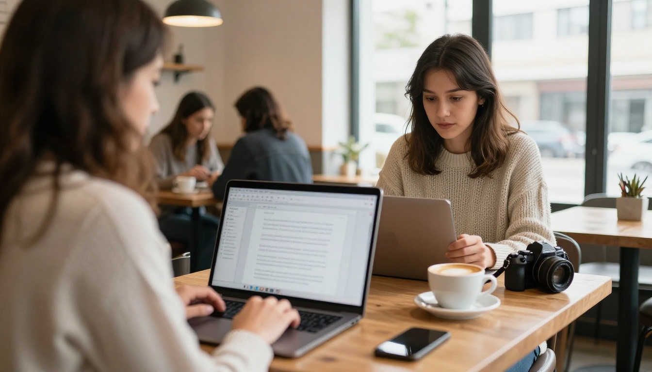 A woman exporting a PDF on a laptop in a bright cafe