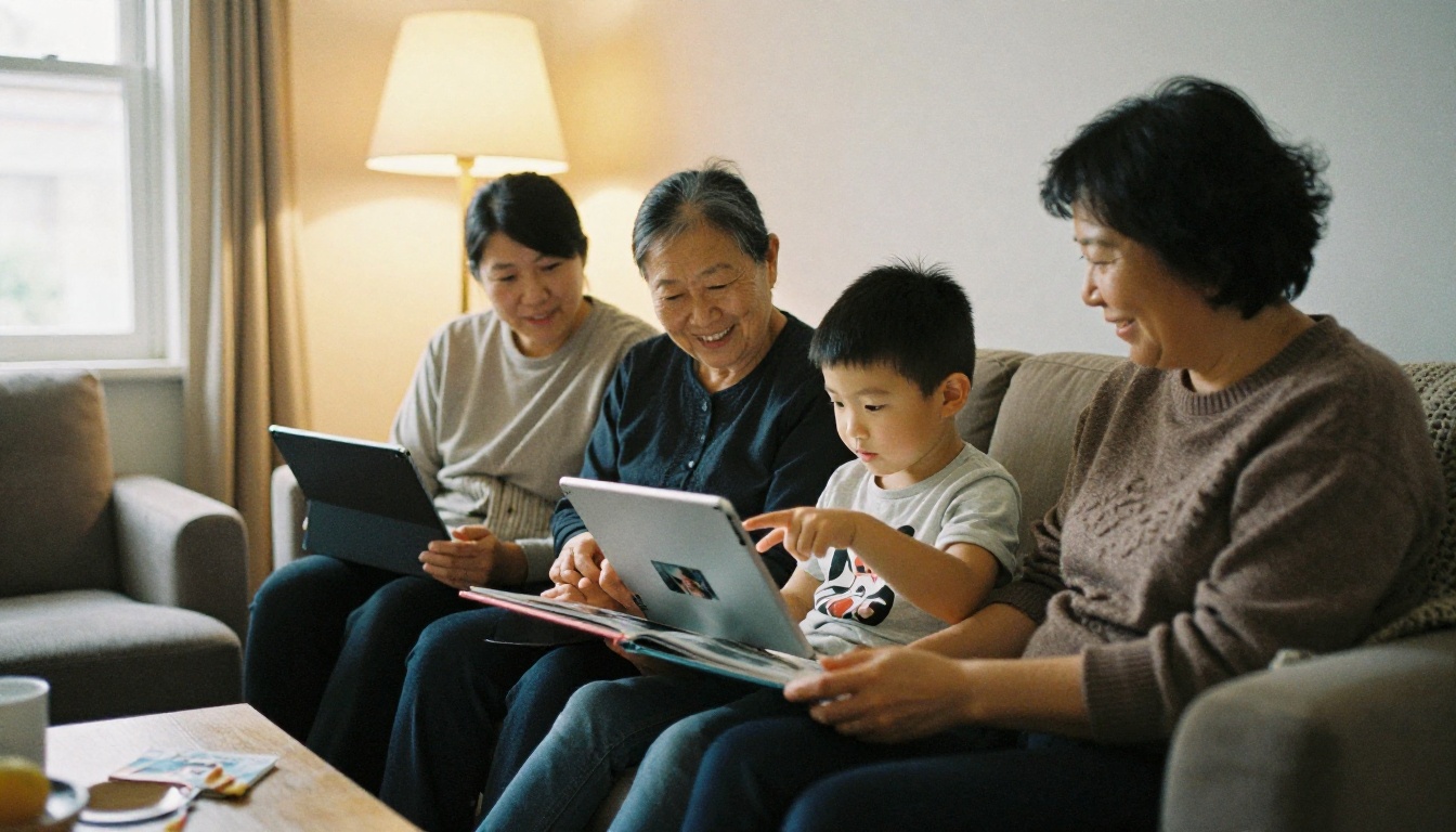 A family on a sofa viewing a photo book on a tablet