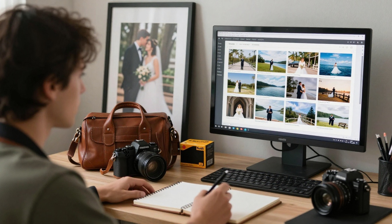 A wedding photographer reviewing an album layout at a desk