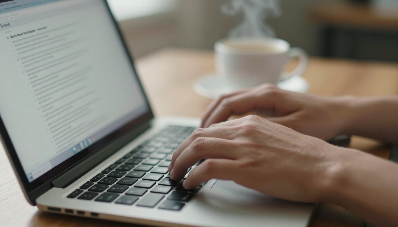 Writer typing on a laptop beside a coffee cup