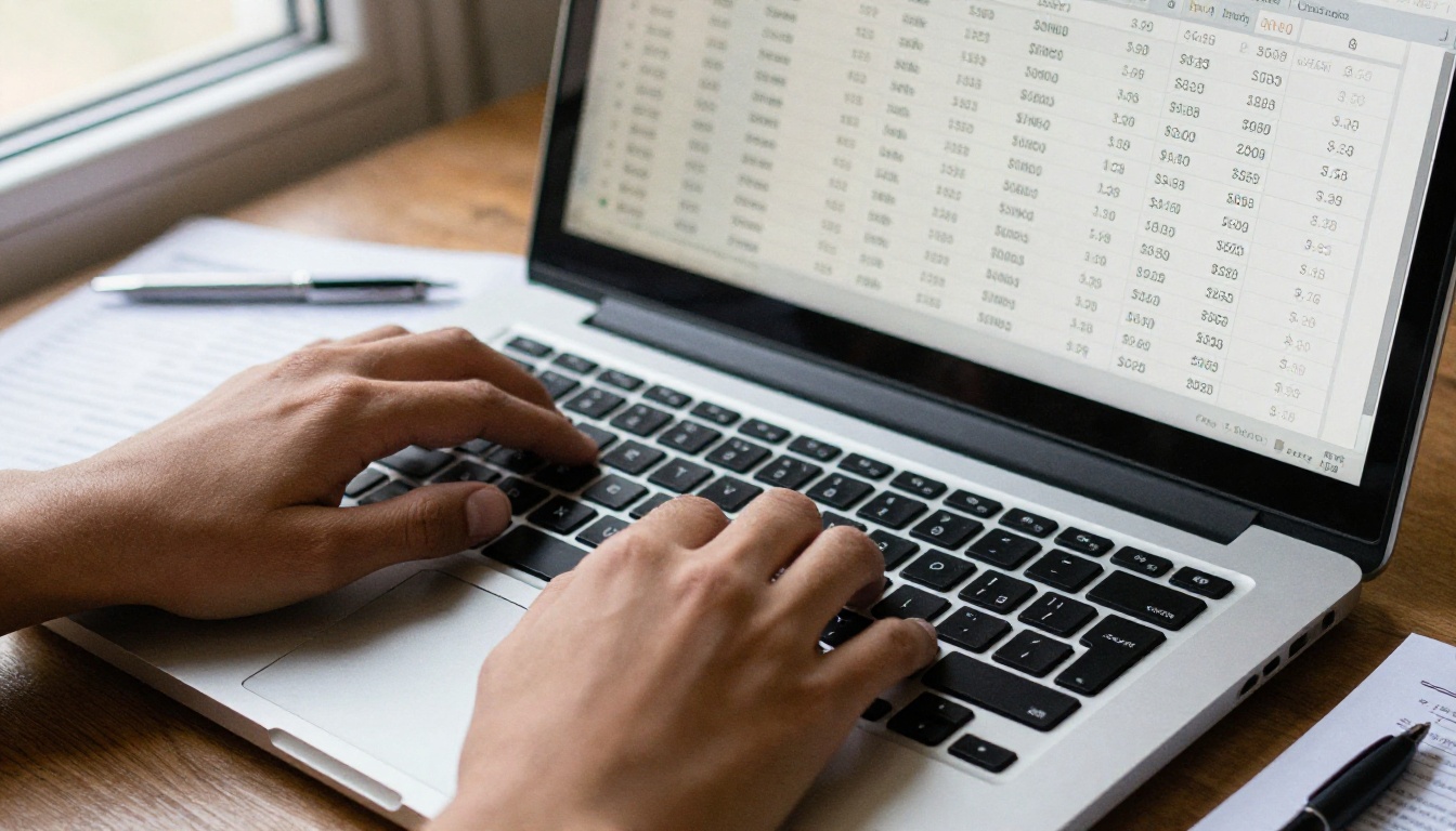 Hands typing product data into a spreadsheet on a laptop Hands typing product data into a spreadsheet on a laptop