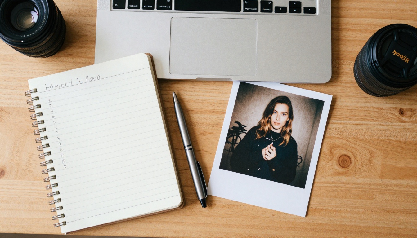 A checklist, laptop, and photo book proof on a wooden desk