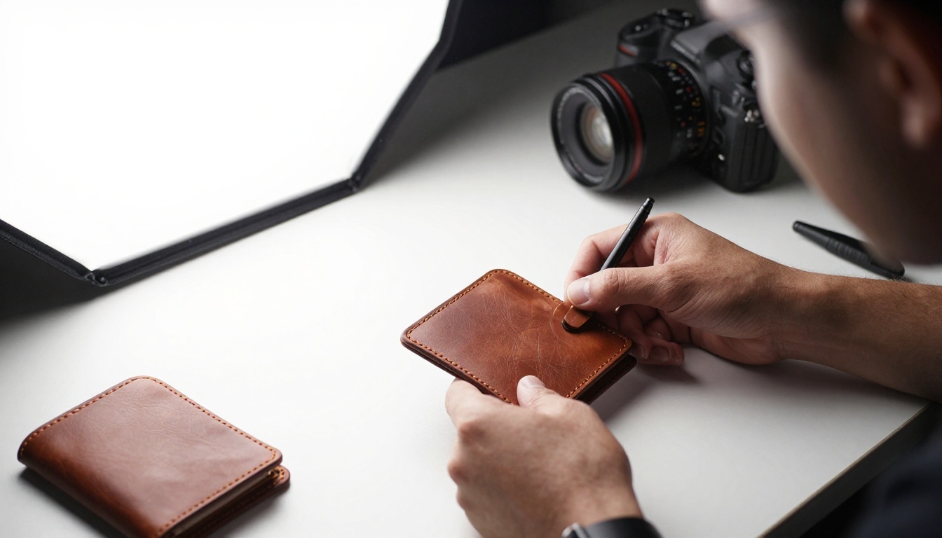 A photographer styling leather wallets on a white tabletop with a softbox light A photographer styling leather wallets on a white tabletop with a softbox light
