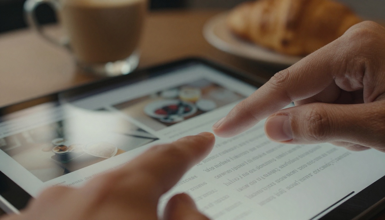 Finger swiping a tablet showing a book-like page spread on a cafe table