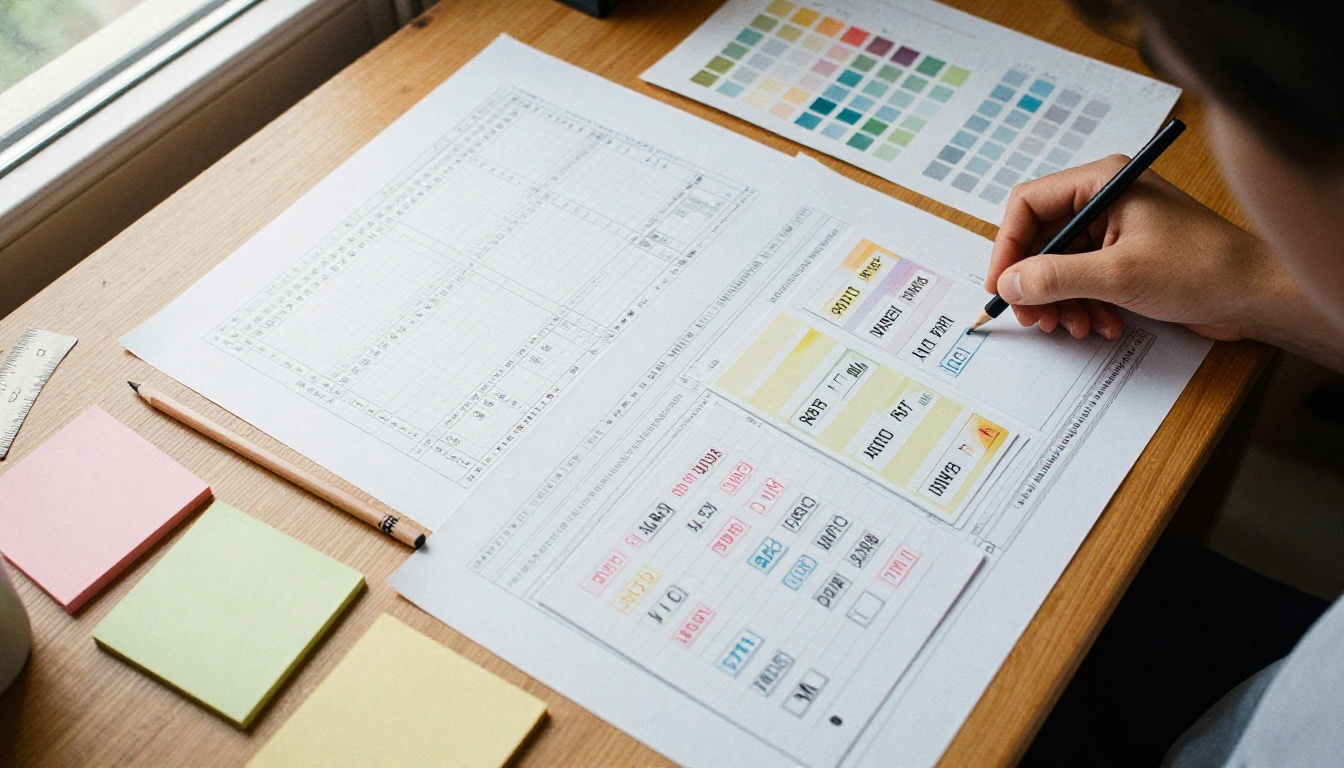 A wooden table with category cards and printed product lists being sorted A wooden table with category cards and printed product lists being sorted