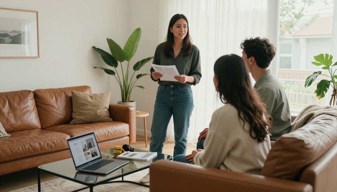 Real estate agent presenting a property deck to a couple on a laptop in a living room