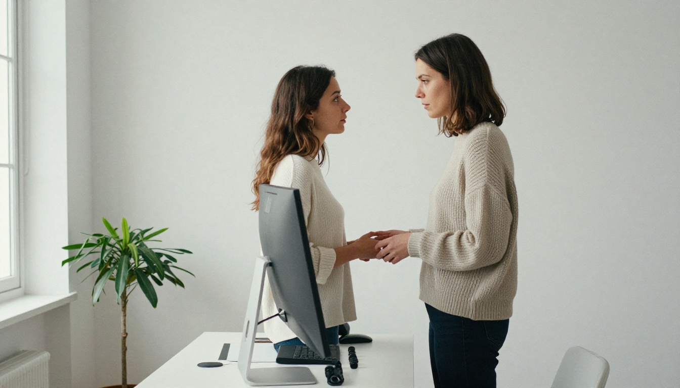 Woman at a standing desk checking analytics on a monitor in a minimalist office