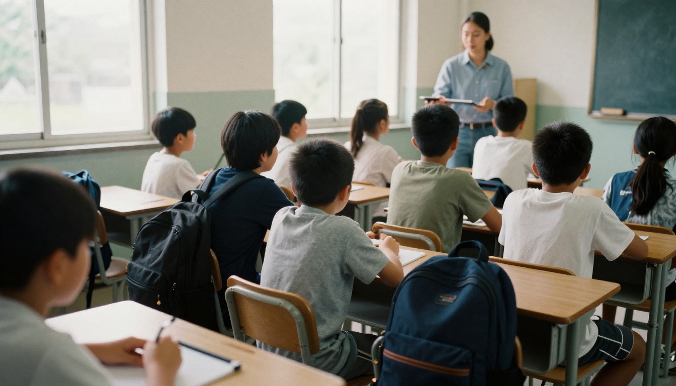 High-angle view of a teacher handing out tablets to students in a bright classroom