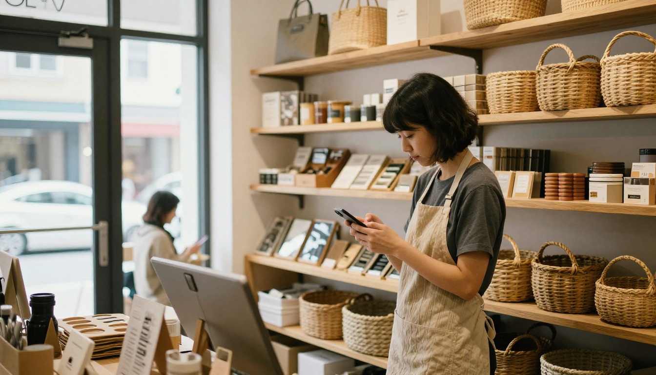 A boutique owner arranging products while a customer browses a phone A boutique owner arranging products while a customer browses a phone