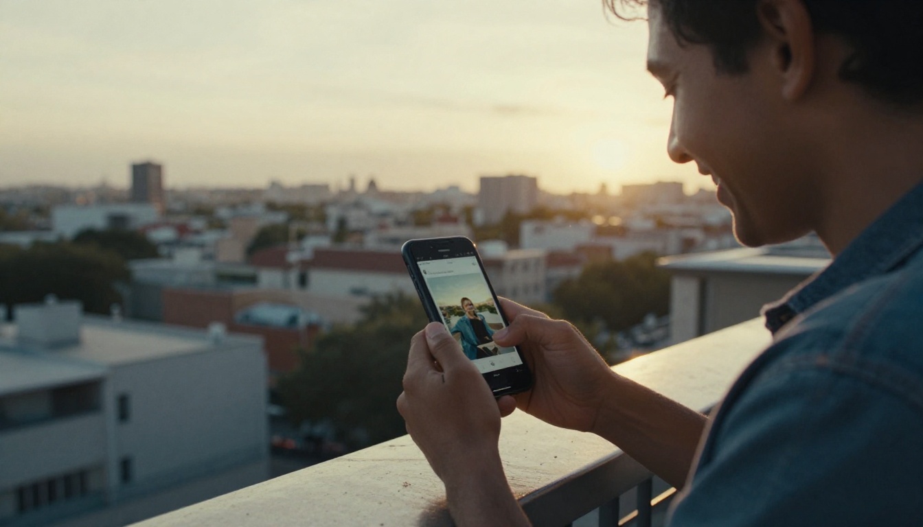 Freelancer smiling while holding a phone with a shared digital publication on a balcony at golden hour