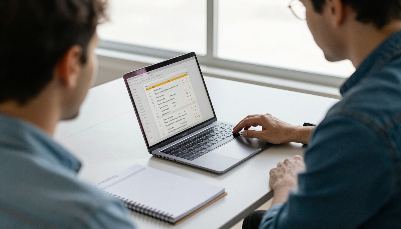 A man reviewing a catalog on a laptop with a notebook checklist A man reviewing a catalog on a laptop with a notebook checklist