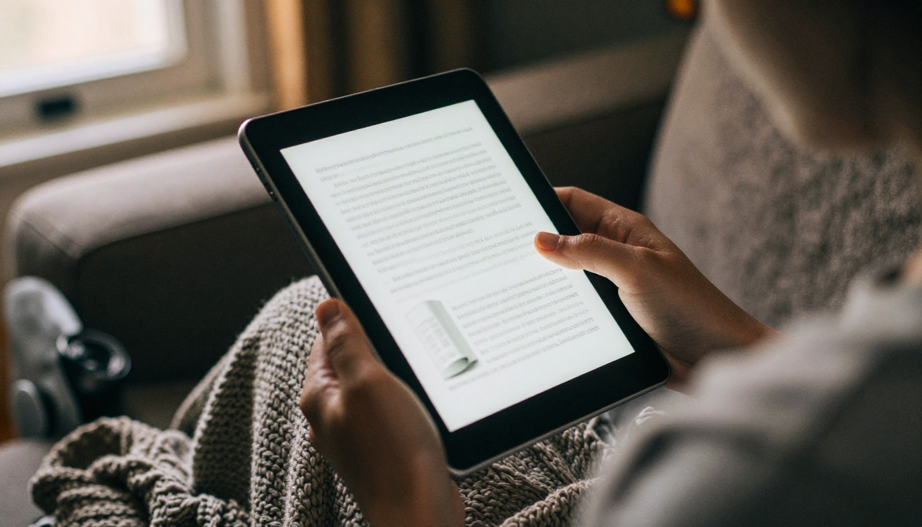 Person reading an ebook on a tablet on a sofa