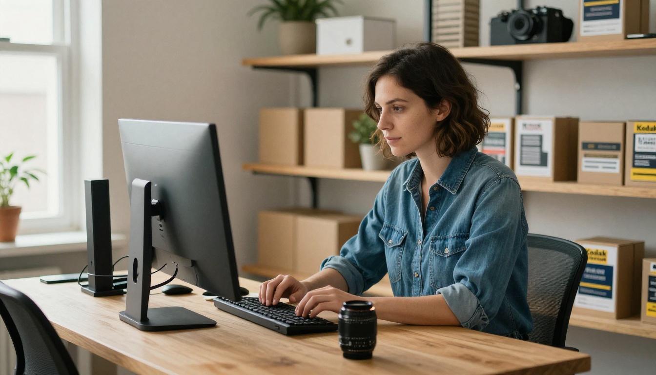 Business owner reviewing a finished ebook at a standing desk