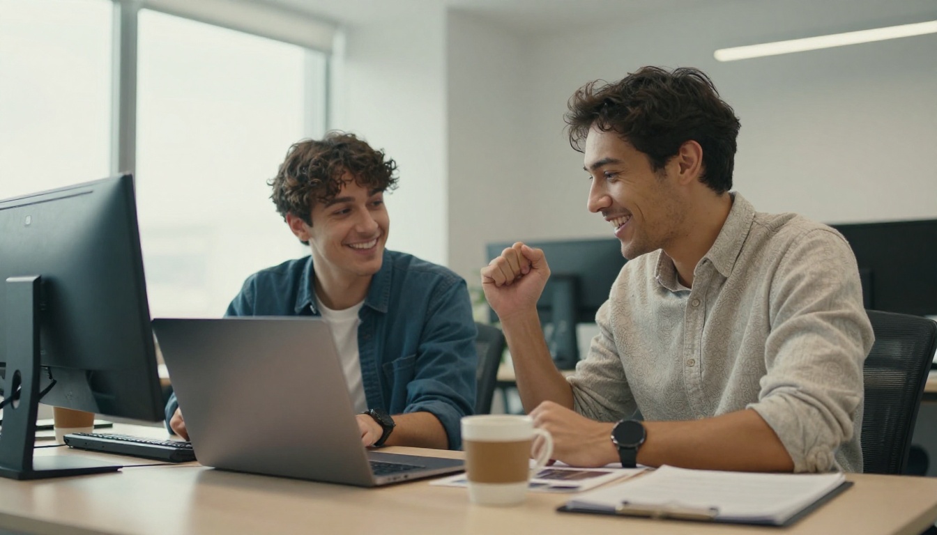 Two colleagues smiling at a laptop after finishing a product catalog Two colleagues smiling at a laptop after finishing a product catalog