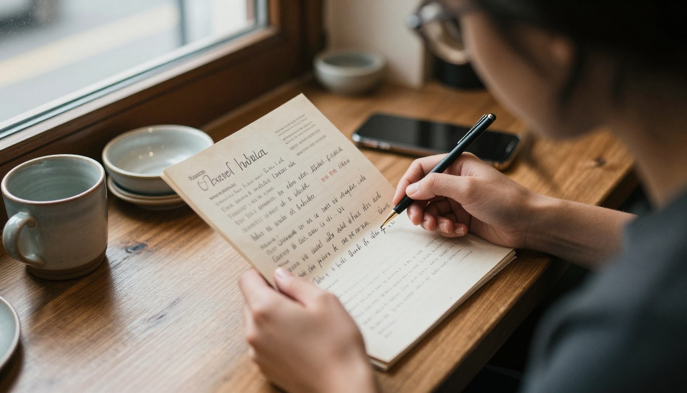 Woman scanning a handwritten recipe at a cafe table