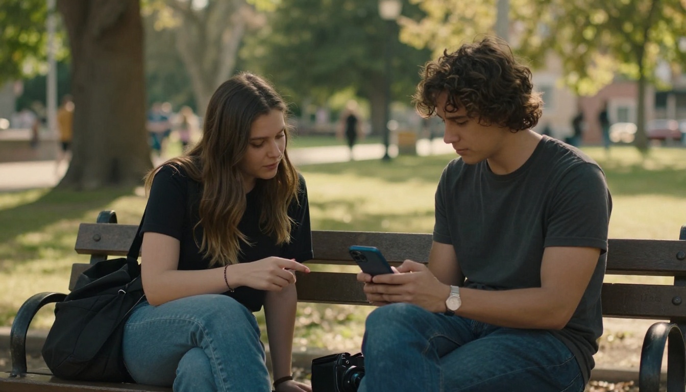 Two people viewing a shared flipbook on a phone in a park
