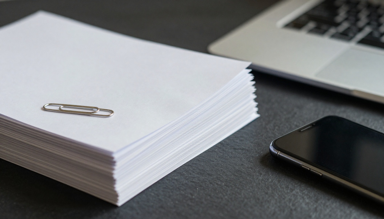 Stack of tidy scanned documents beside a laptop