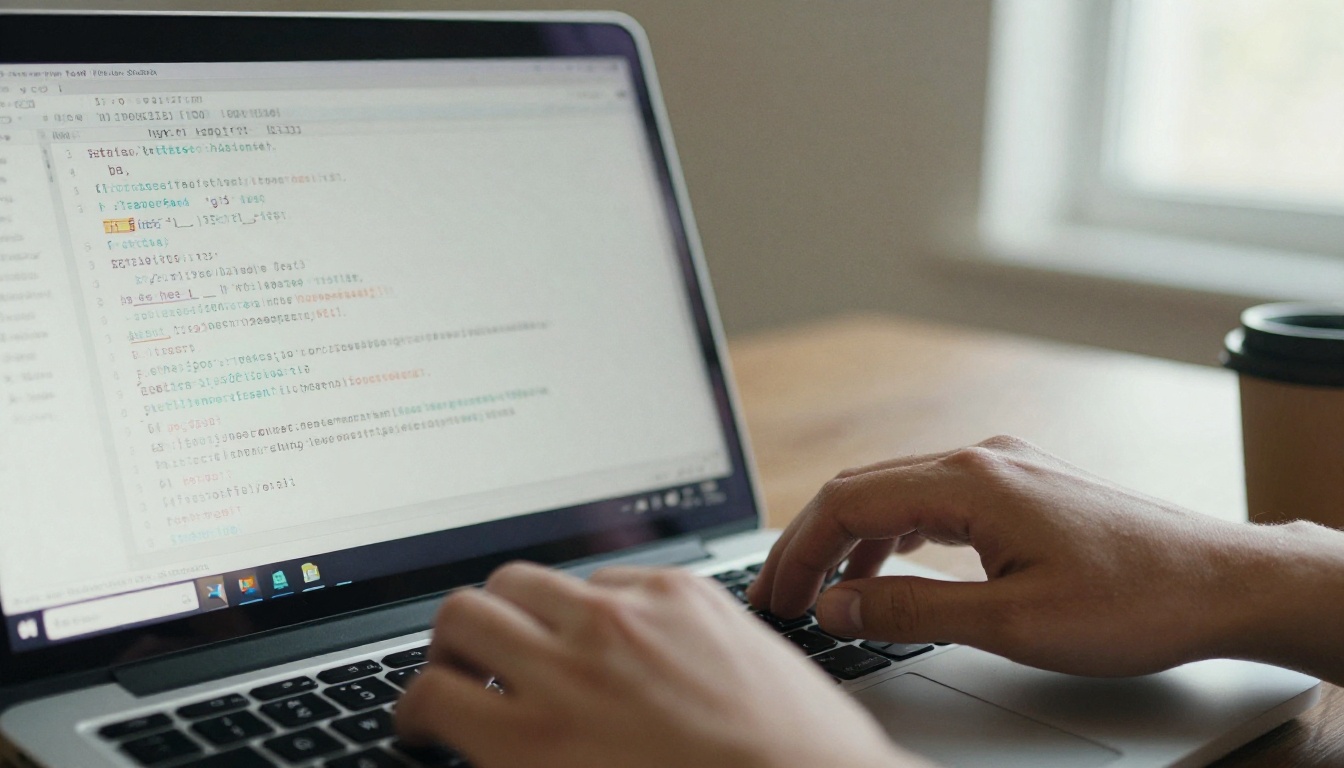 Hands typing HTML on a laptop keyboard