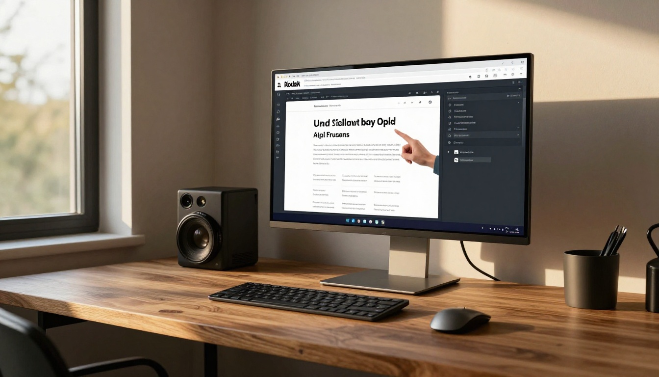 Designer pointing at a website wireframe on a monitor