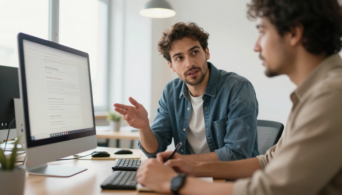 Two colleagues reviewing a website on a monitor in a coworking space