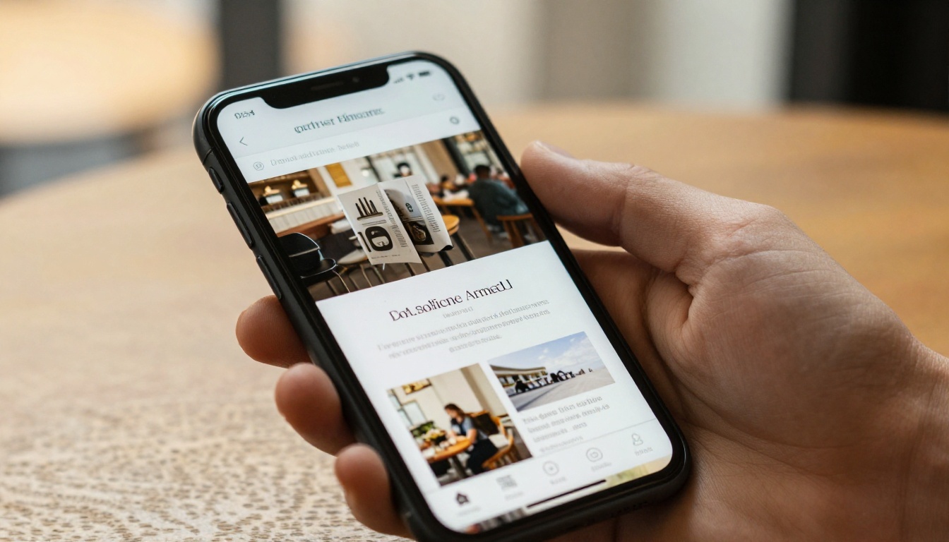 Close-up of a phone showing a mobile website with a page-turning publication