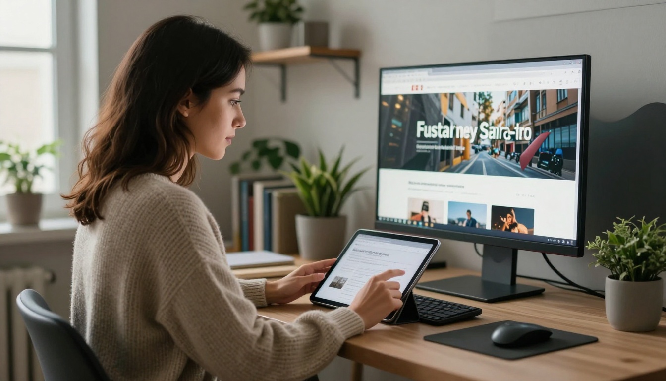 Side profile of a woman reviewing a website on a tablet and monitor