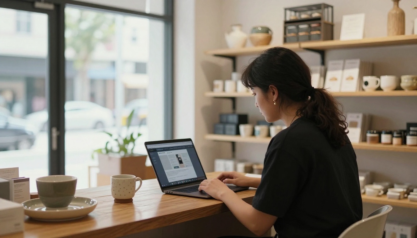 Business owner at a boutique showroom with a laptop