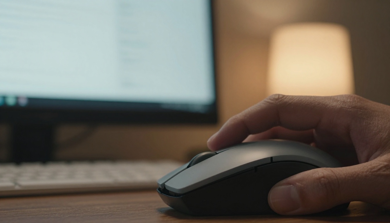 Macro view of a mouse and hand clicking beside a monitor