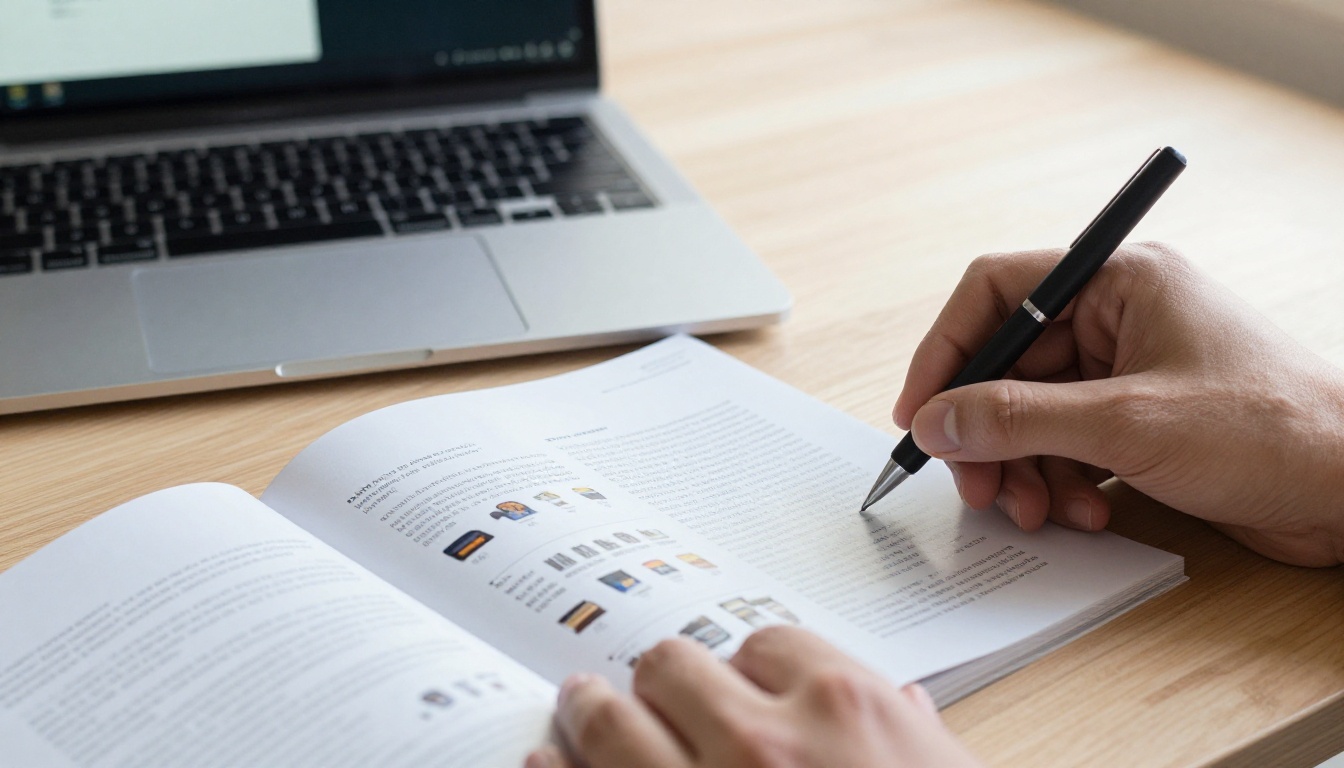 Overhead view of hands flipping through a printed catalog next to a laptop Overhead view of hands flipping through a printed catalog next to a laptop