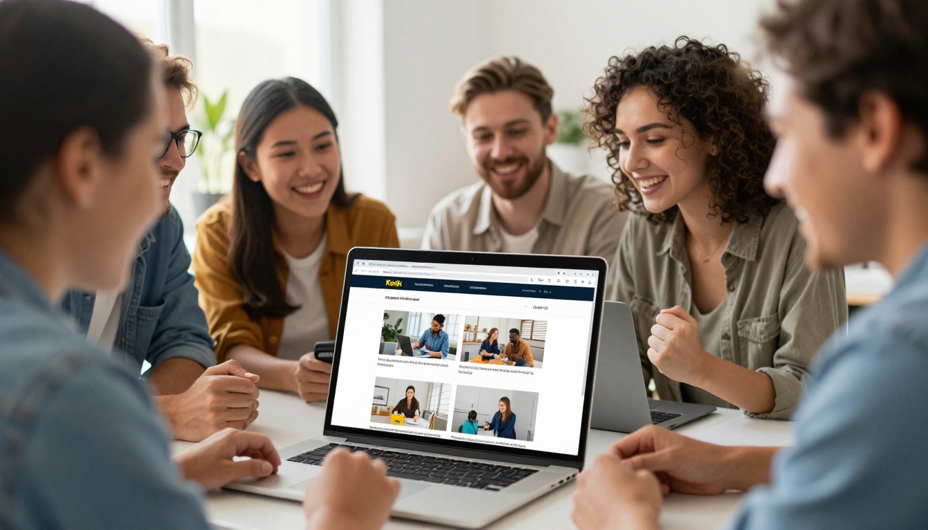 Team celebrating around a laptop after launching a website