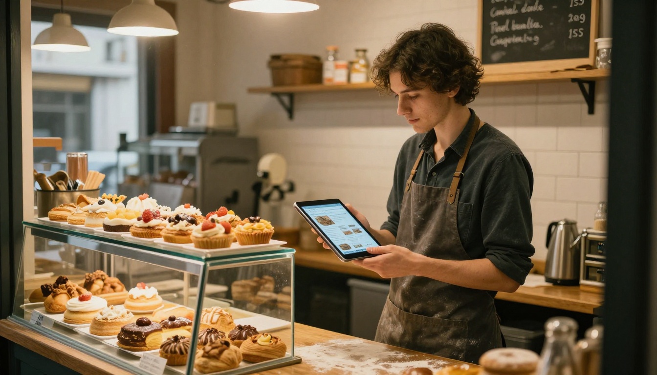 A small business owner holding a tablet in a bakery A small business owner holding a tablet in a bakery