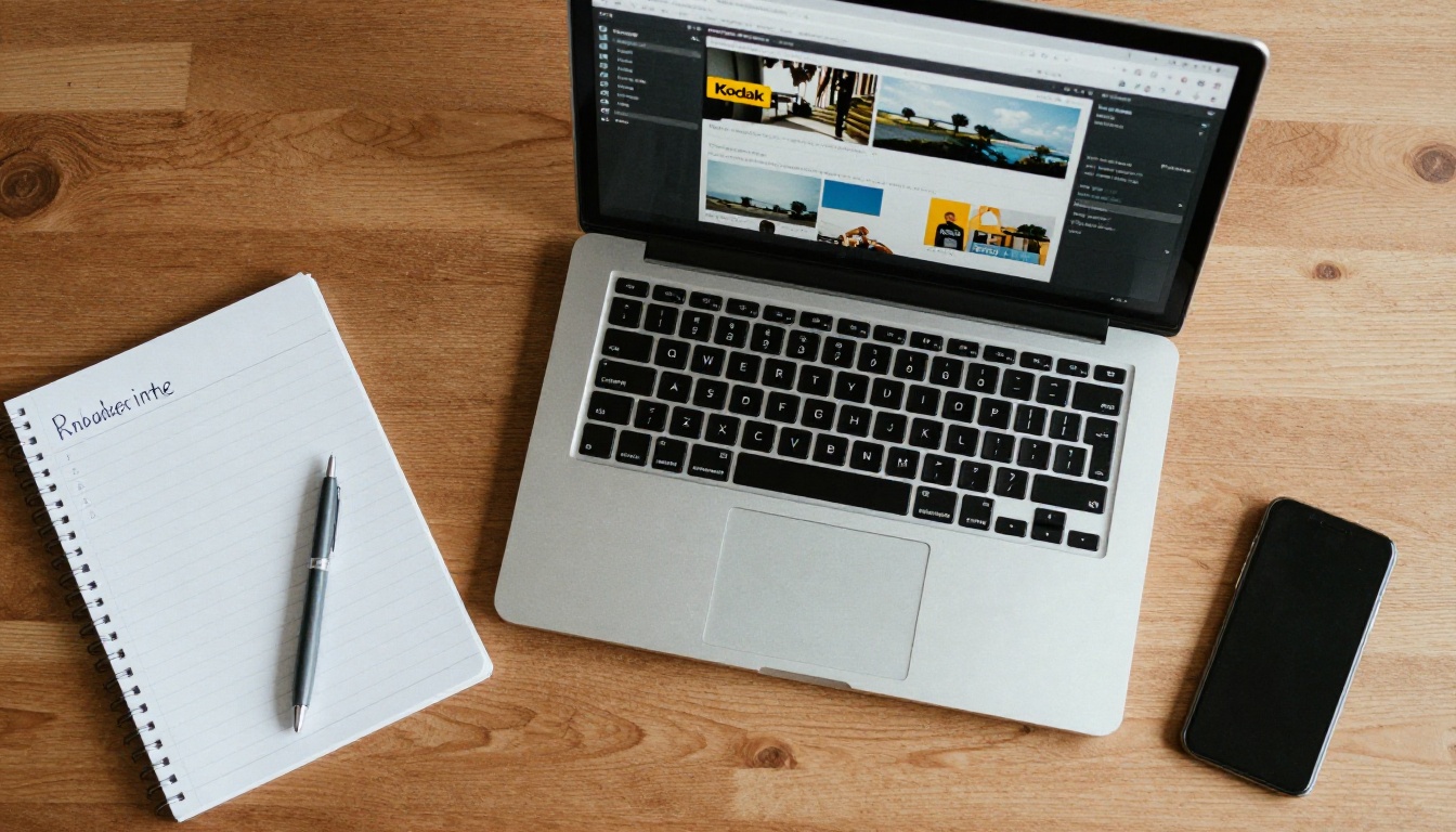 Aerial view of a desk with a laptop showing an editing interface Aerial view of a desk with a laptop showing an editing interface