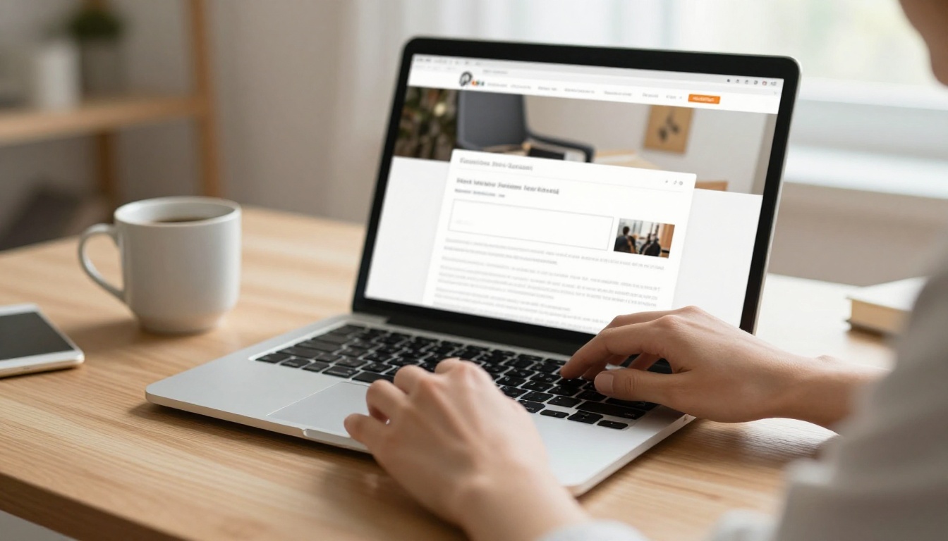 Woman's hands editing a website page on a laptop beside a coffee mug