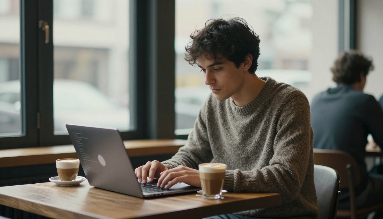 Man typing code on a laptop at a coffee shop table Man typing code on a laptop at a coffee shop table