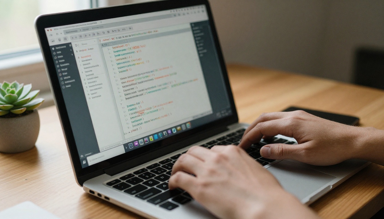 Hands typing HTML iframe code into a laptop at a wooden desk