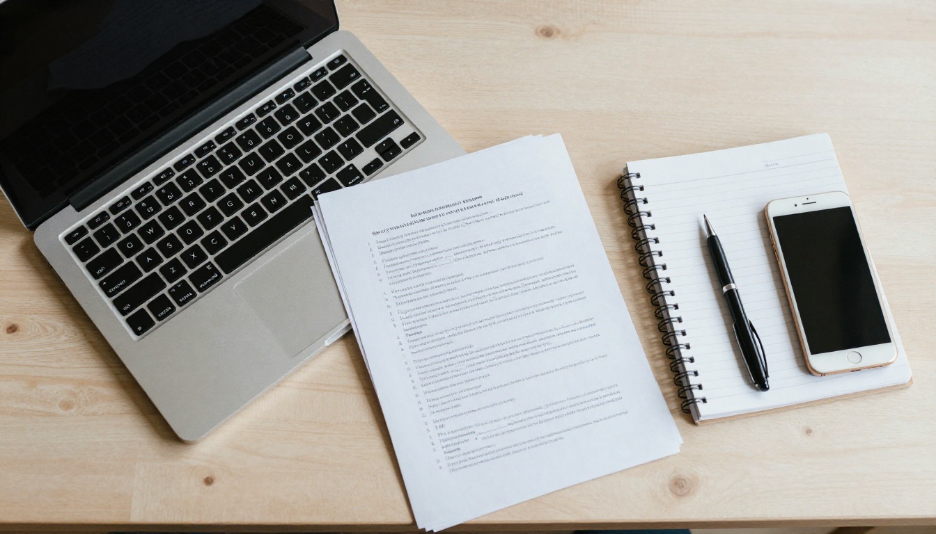 Flat lay of a laptop, printed handouts and a notebook on a wooden table