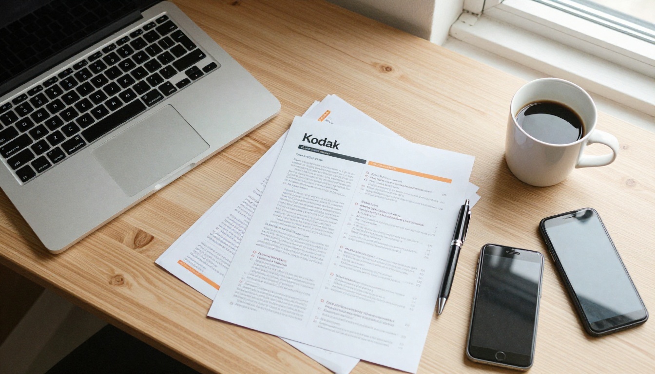 Top-down view of printed PDF pages, a laptop, and a coffee cup on a desk