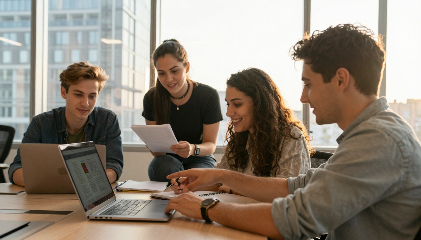 Four colleagues gathered around a laptop in a bright office