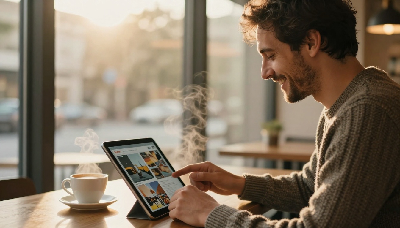 Man in a cafe holding a tablet that shows a digital magazine