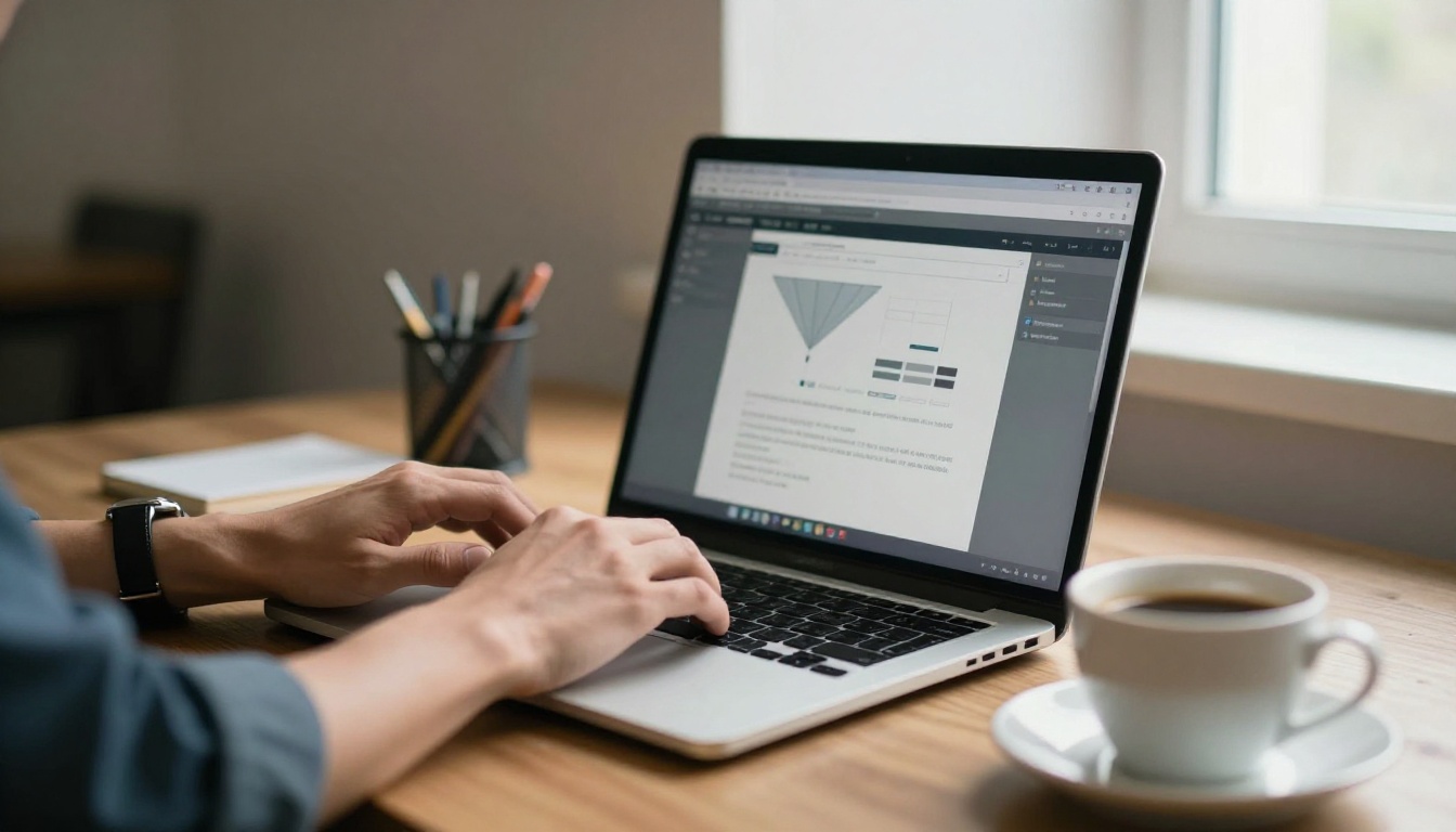 Marketer building a funnel page on a laptop in a sunlit workspace