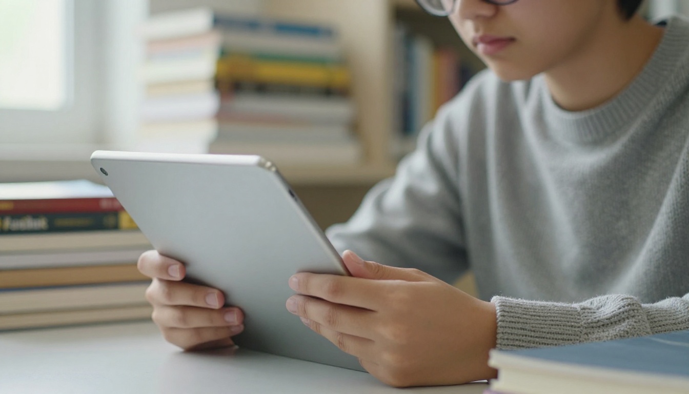 Student reading a document on a tablet at a library table
