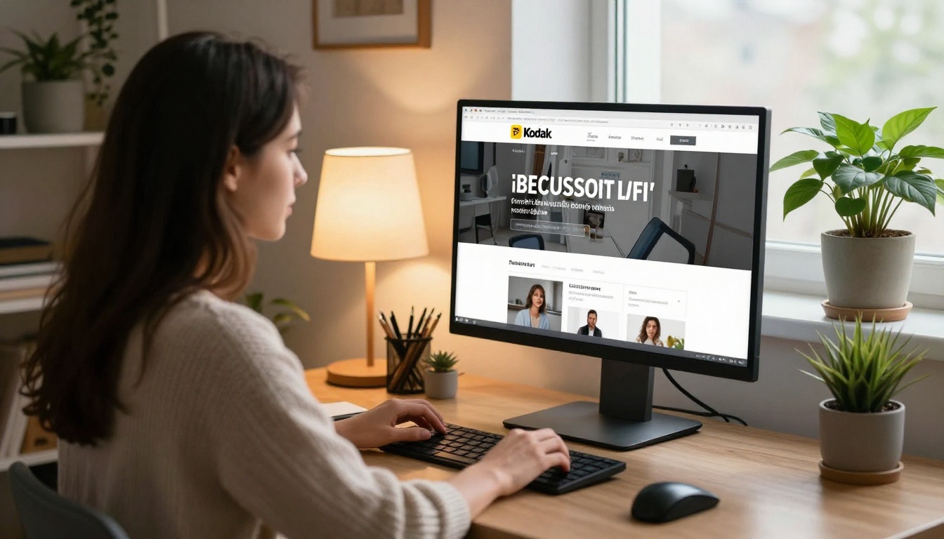 Woman adjusting a blog layout on a large monitor in a bright home office
