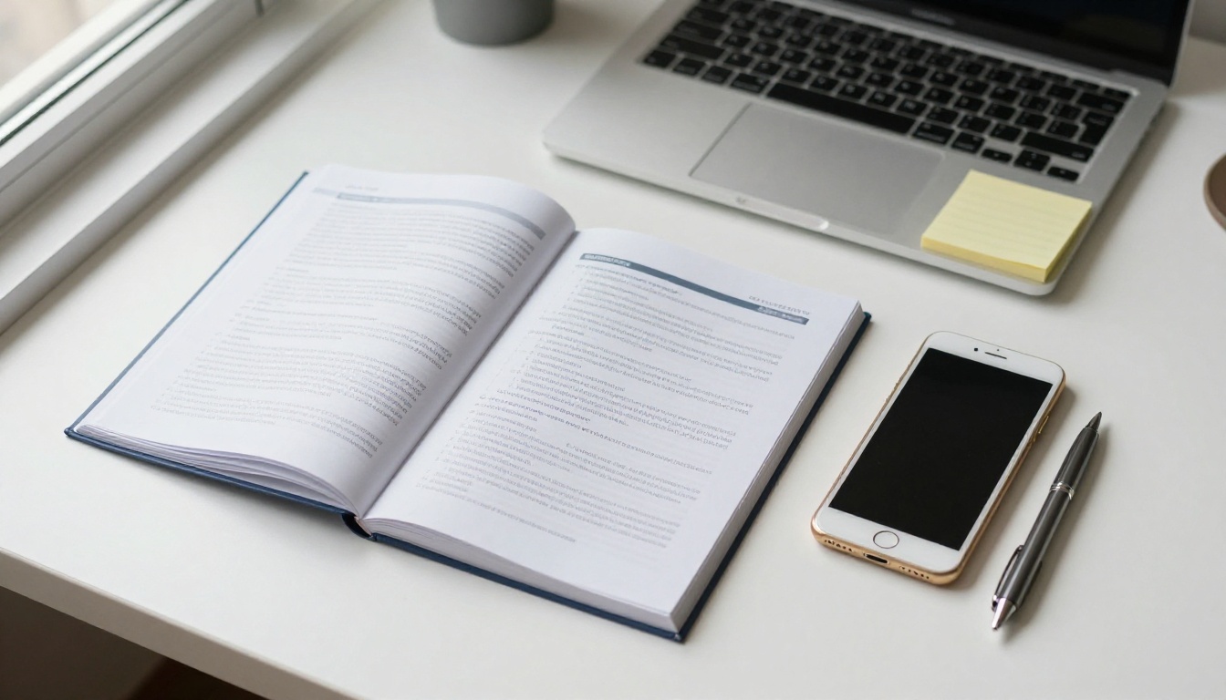 Printed PDF catalog open on a desk next to a laptop and smartphone