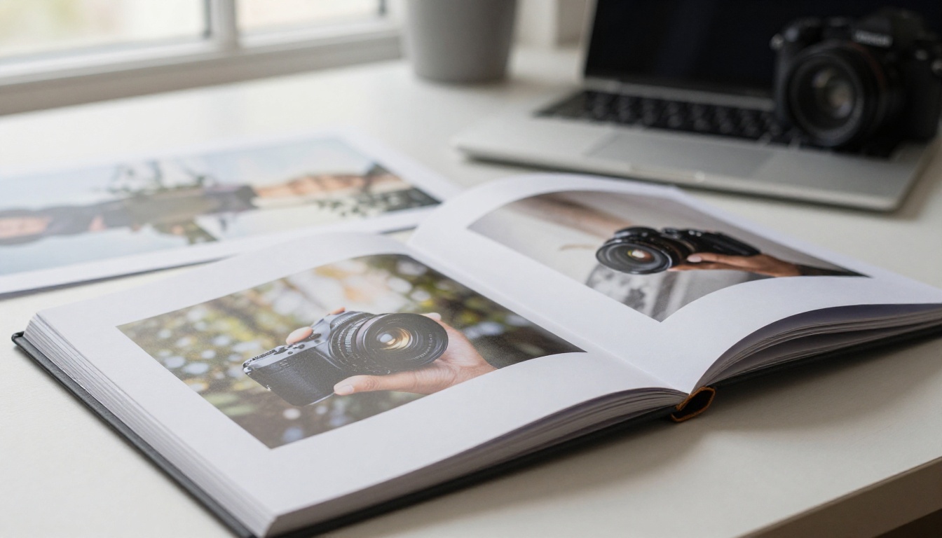 An open photo book with prints on a studio table An open photo book with prints on a studio table