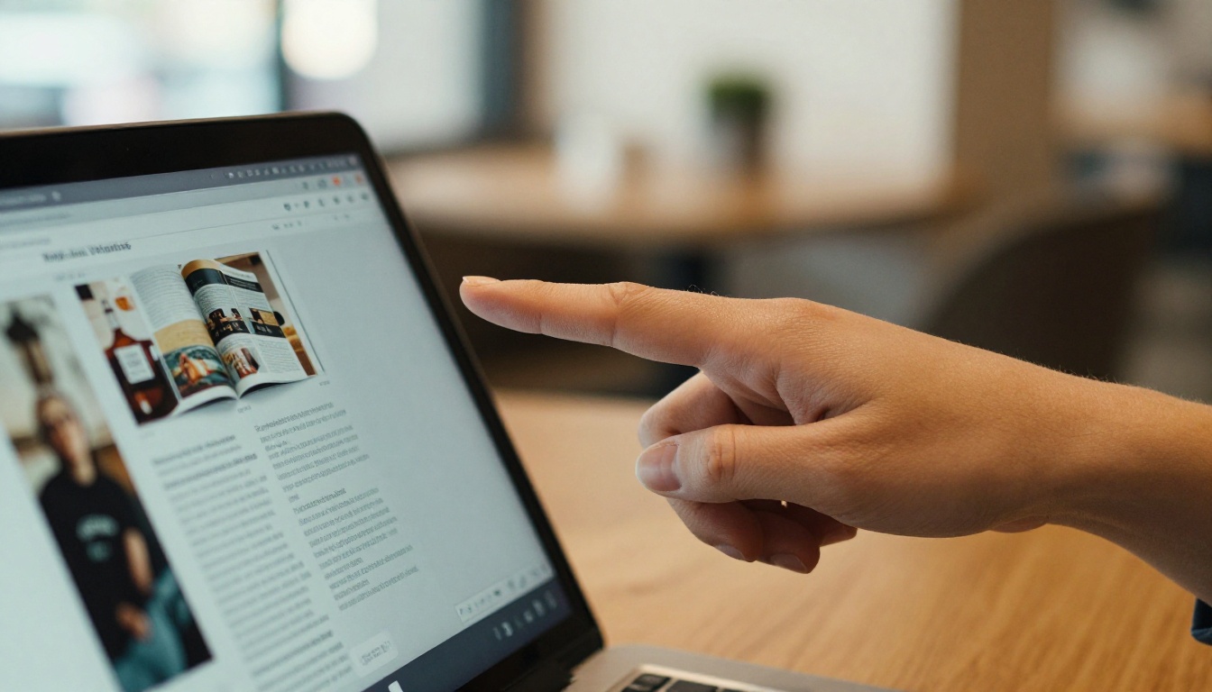 Woman pointing at a laptop screen showing a digital magazine with a page curl
