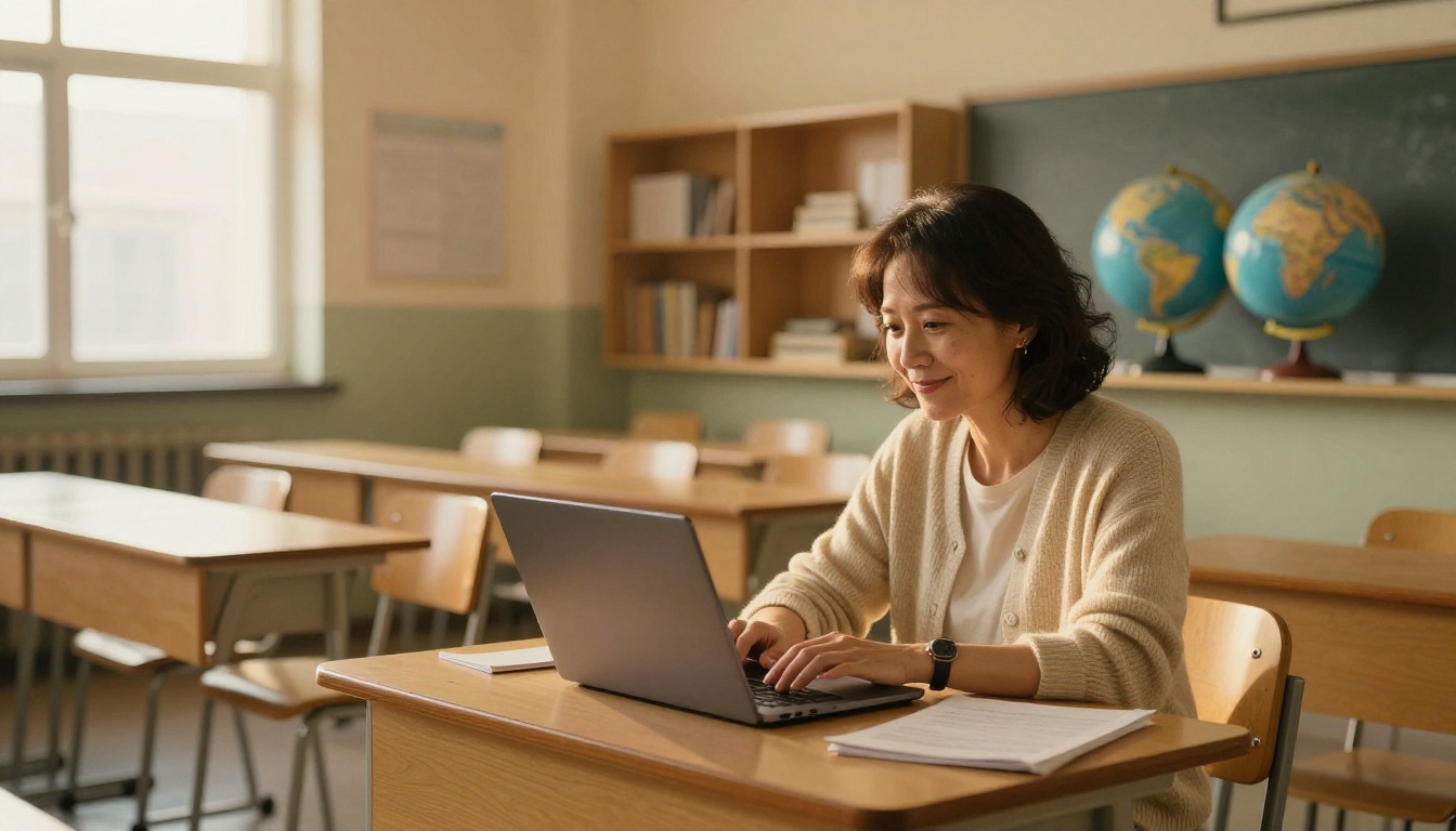 Teacher at a desk in an empty classroom typing on a laptop