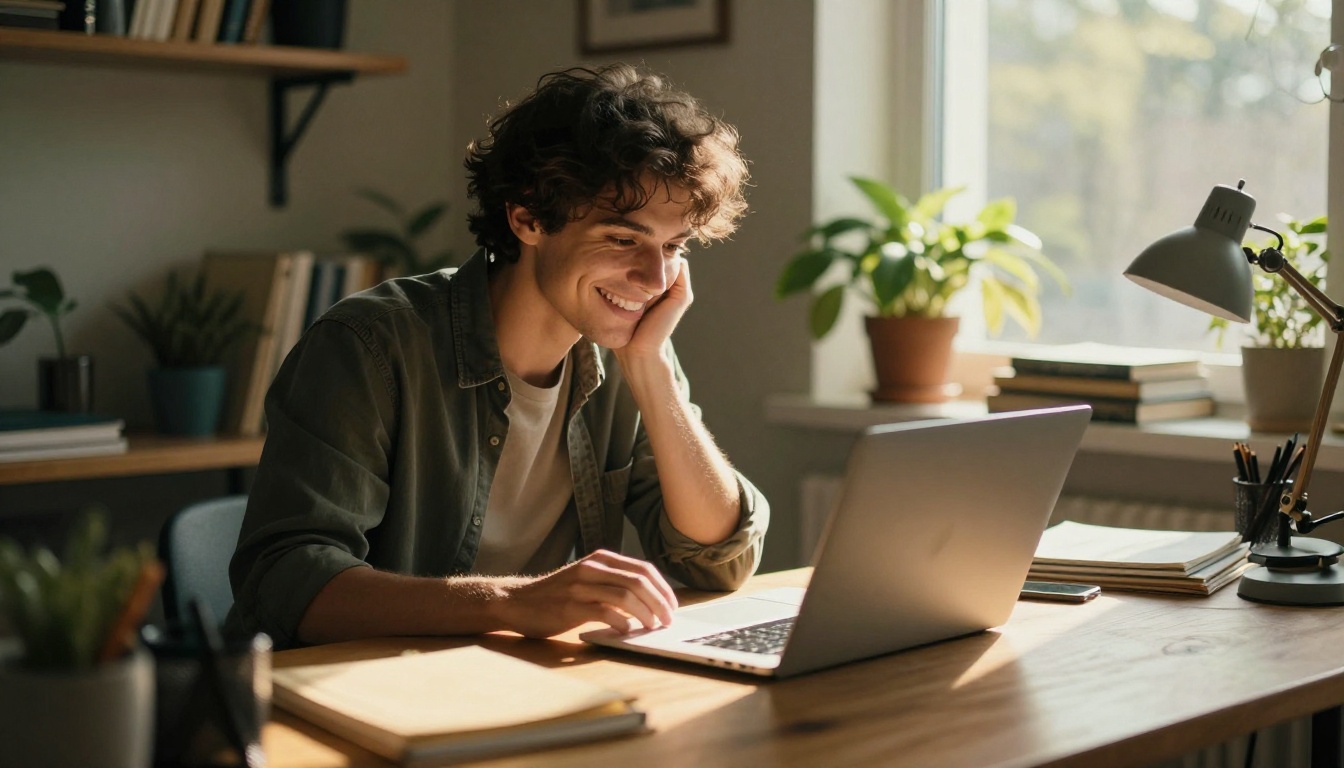 A freelancer smiling while closing a laptop at a sunlit desk A freelancer smiling while closing a laptop at a sunlit desk