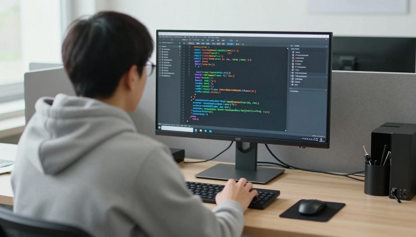 Developer reviewing HTML embed code on a monitor in a tidy office