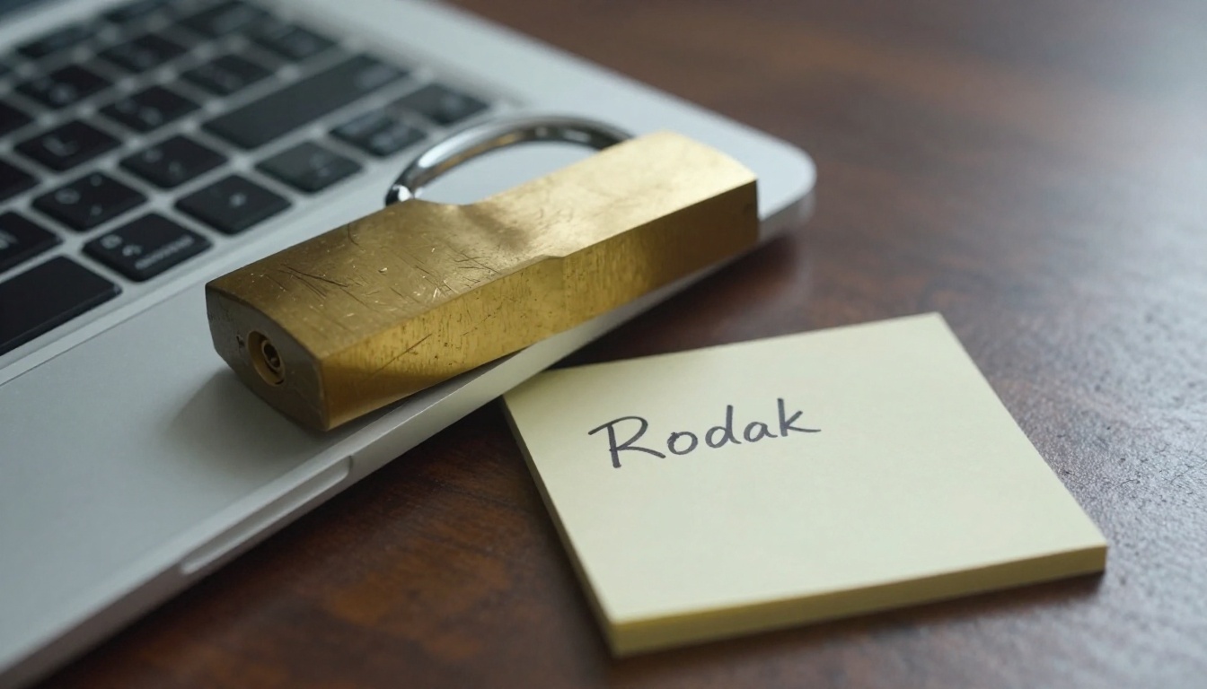 Brass padlock resting beside a laptop on a dark walnut desk